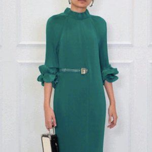 Pleated Plisse Long-Sleeve Midi Dress Teal